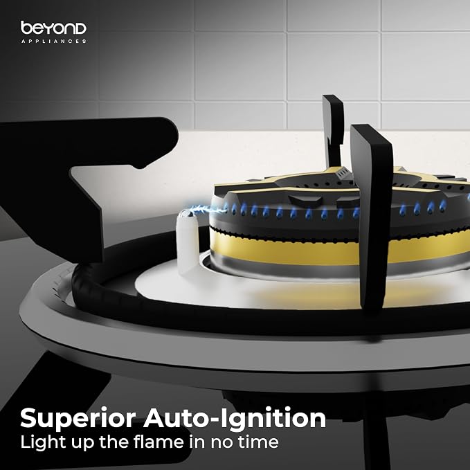 Beyond Appliances Dorado 4 Burner Smart Glass Hobtop Gas Stove | Auto Ignition | Digital Timer | Flame Failure Device | Toughened Glass | LPG & PNG Compatible