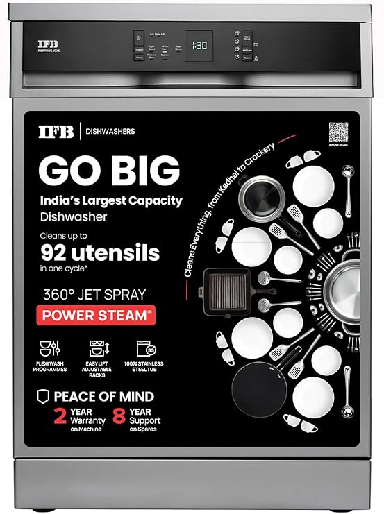 IFB 15 Place Freestanding Dishwasher with DeepClean® Technology, 3rd Cutlery Tray, 70°C Hot Water Wash, Turbo Drying, Anti-Bacterial Filter, Perfect for Indian Utensils (Neptune VX15, Dark Silver)