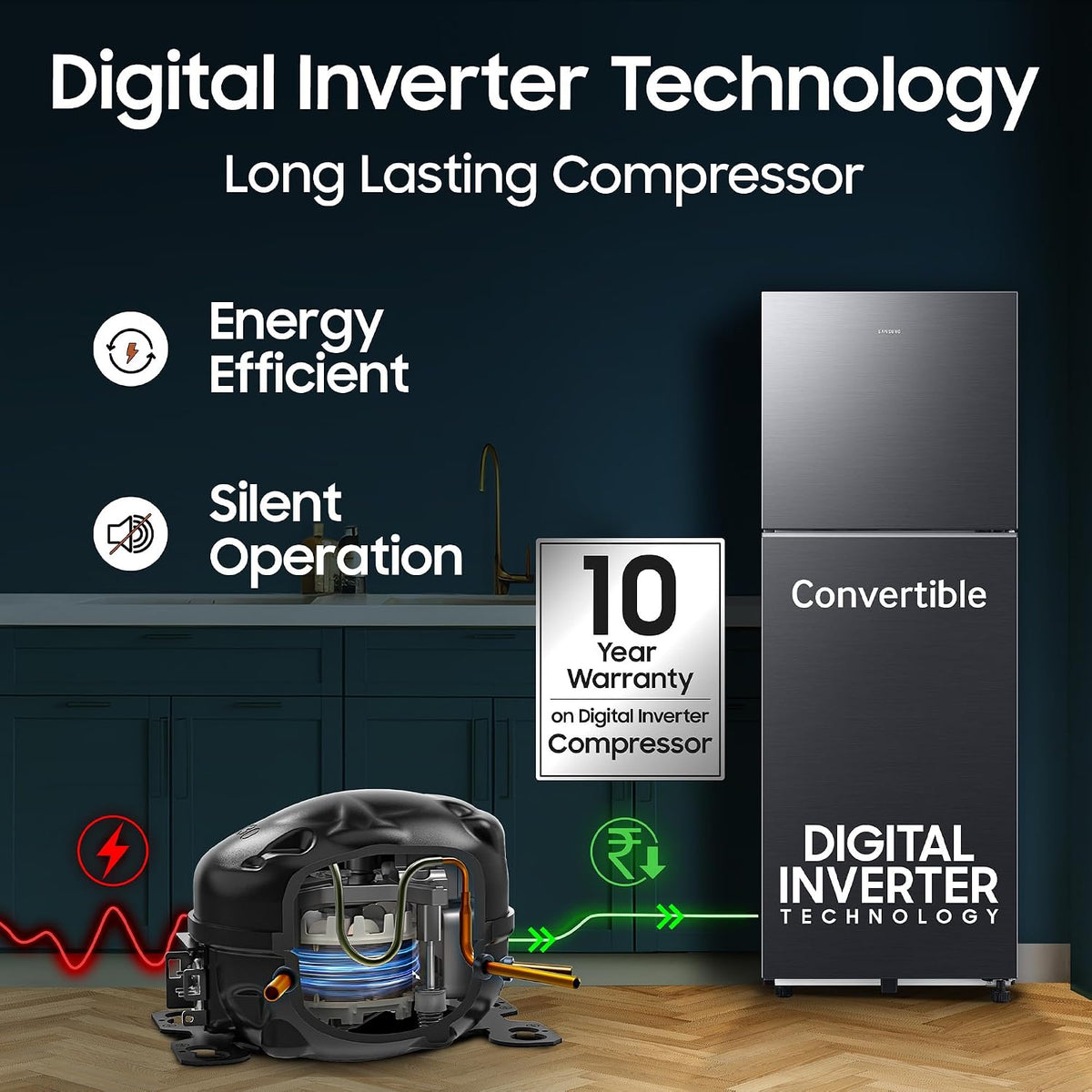 Samsung 236 L, 3 Star, Convertible, Digital Inverter Frost Free Double Door Refrigerator (RT40H28U3FHL, Black