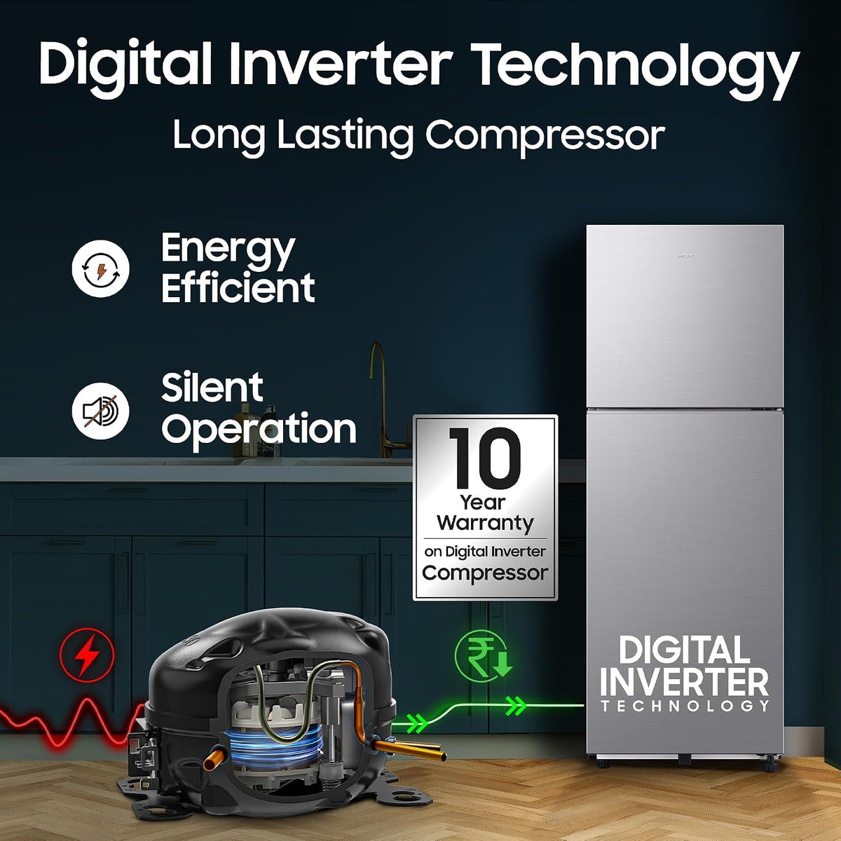 Samsung 236 L, 3 Star, Digital Inverter, Frost Free Double Door Refrigerator (RT40H28W3QHL, Gray Silver, 2026 Model