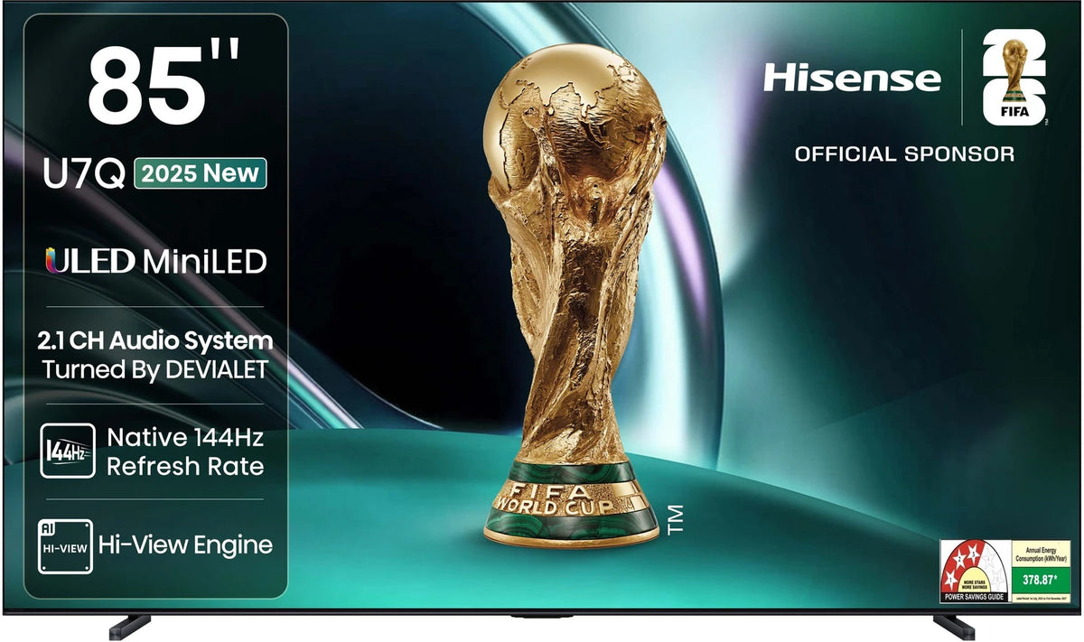 Hisense 85U7Q 216 cm (85 inch) Ultra HD (4K) Mini LED Smart VIDAA TV with 2.1CH Audio System Tuned by DEVALET, Native 144 Refresh Rate, Dolby Vision Atmos (85U7Q)