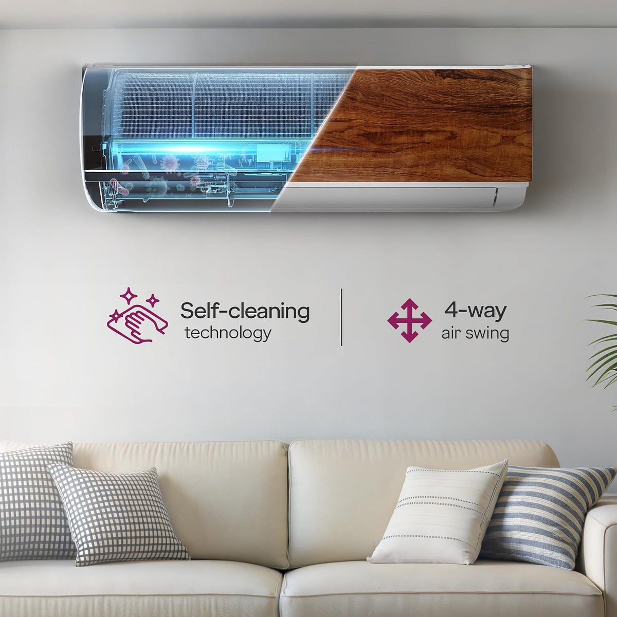 Godrej 1.5 Ton 3 Star, 5 Years Comprehensive Warranty, AI powered, 5-In-1 Convertible Cooling, 4 Way Air Swing, Wood Finish, Inverter Split AC (Copper, AC 1.5T SIC 18VTC3 WYB TK, Teak Wood)