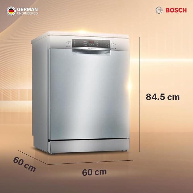 Bosch 15 Place Setting (fits up to 80 utensils) Free-Standing Dishwasher for Indian Utensils | Hygiene+ & Intensive Kadhai Program (SMS46KI03I, Inbuilt Heater, Removes 99.9% Germs, Silver Inox)