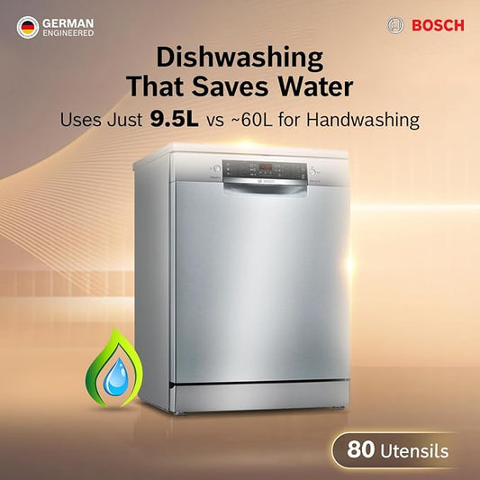 Bosch 15 Place Setting (fits up to 80 utensils) Free-Standing Dishwasher for Indian Utensils | Hygiene+ & Intensive Kadhai Program (SMS46KI03I, Inbuilt Heater, Removes 99.9% Germs, Silver Inox)