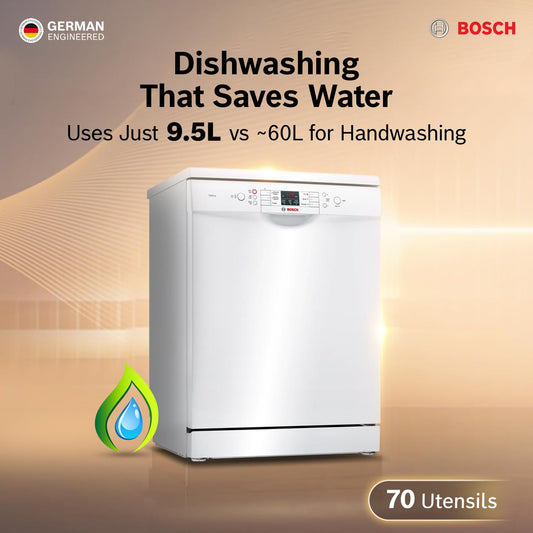 Bosch 13 Place Setting (fits up to 70 utensils) Free-Standing Dishwasher for Indian Utensils | Hygiene+ & Intensive Kadhai Program (SMS66GW01I, White, Inbuilt Heater, Removes 99.9% Germs)