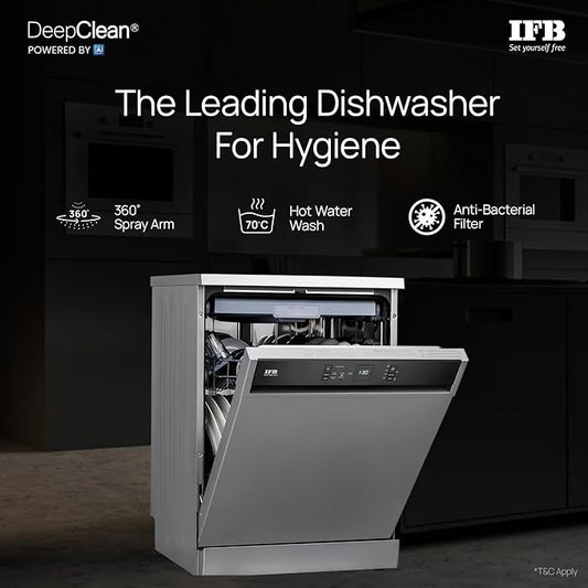 IFB 15 Place Freestanding Dishwasher with DeepClean® Technology, 3rd Cutlery Tray, 70°C Hot Water Wash, Turbo Drying, Anti-Bacterial Filter, Perfect for Indian Utensils (Neptune VX15, Dark Silver)