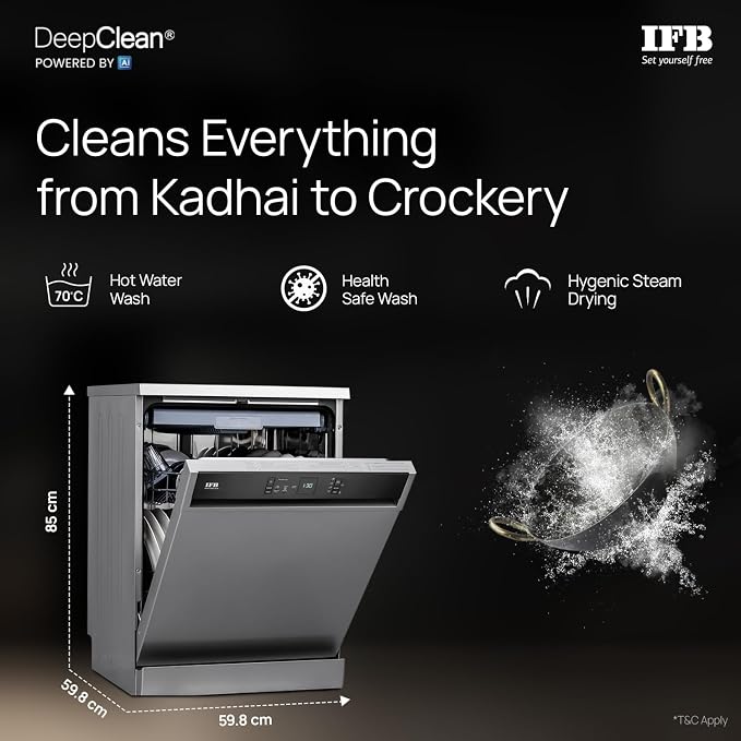 IFB 15 Place Freestanding Dishwasher with DeepClean® Technology, 3rd Cutlery Tray, 70°C Hot Water Wash, Turbo Drying, Anti-Bacterial Filter, Perfect for Indian Utensils (Neptune VX15, Dark Silver)