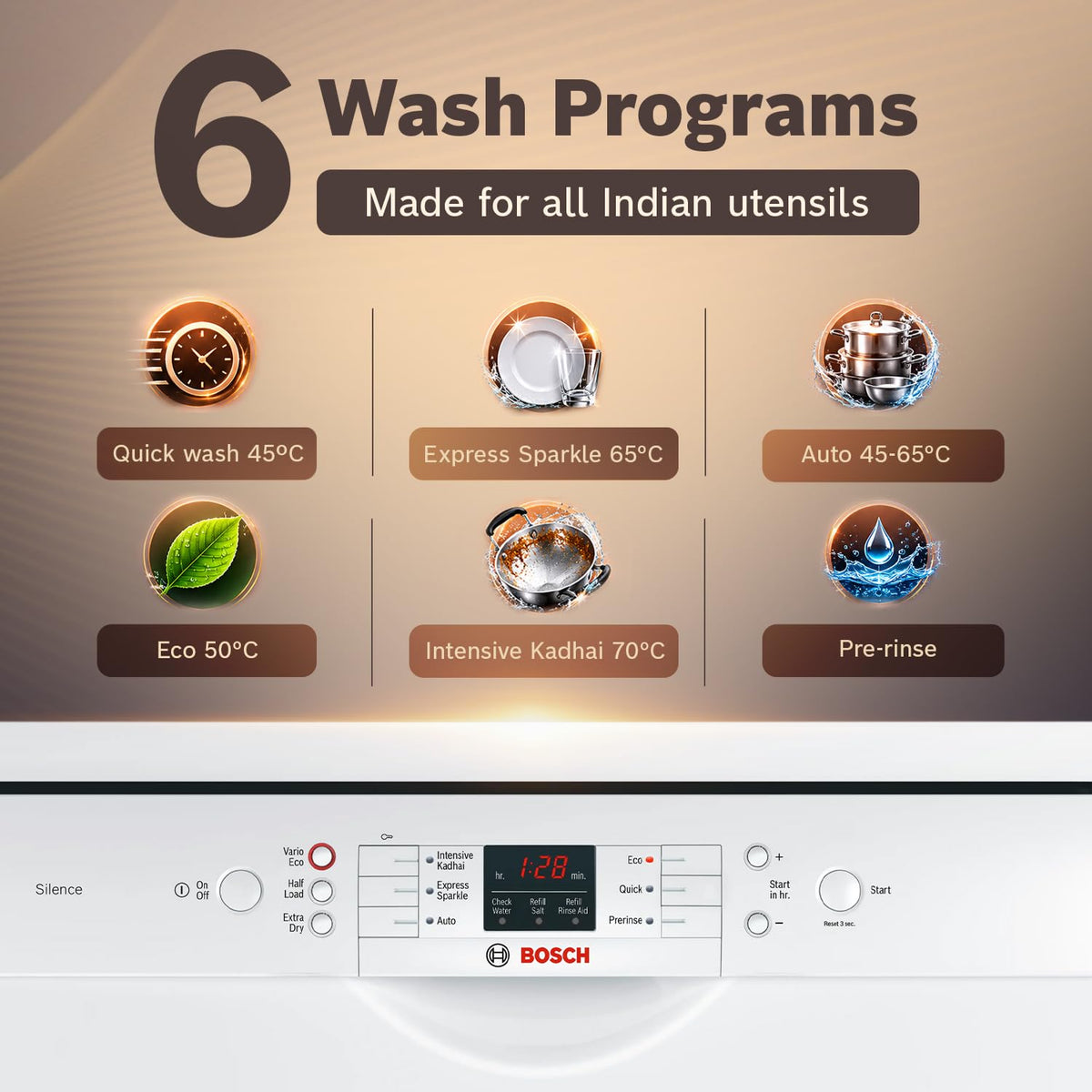 Bosch 13 Place Setting (fits up to 70 utensils) Free-Standing Dishwasher for Indian Utensils | Hygiene+ & Intensive Kadhai Program (SMS66GW01I, White, Inbuilt Heater, Removes 99.9% Germs)