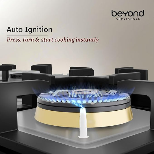 Beyond Appliances Dorado 4 Burner Smart Glass Hobtop Gas Stove | Auto Ignition | Digital Timer | Flame Failure Device | Toughened Glass | LPG & PNG Compatible