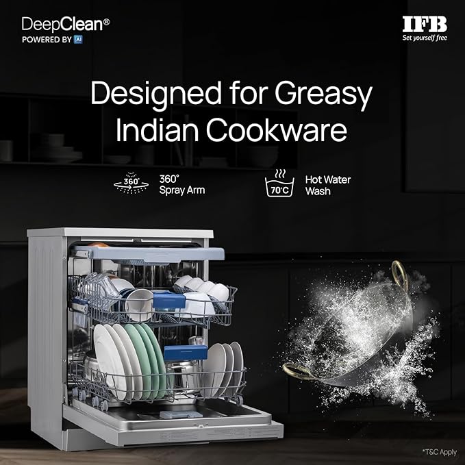 IFB 15 Place Freestanding Dishwasher with DeepClean® Technology, 3rd Cutlery Tray, 70°C Hot Water Wash, Turbo Drying, Anti-Bacterial Filter, Perfect for Indian Utensils (Neptune VX15, Dark Silver)