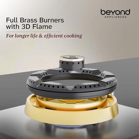 Beyond Appliances Dorado 4 Burner Smart Glass Hobtop Gas Stove | Auto Ignition | Digital Timer | Flame Failure Device | Toughened Glass | LPG & PNG Compatible