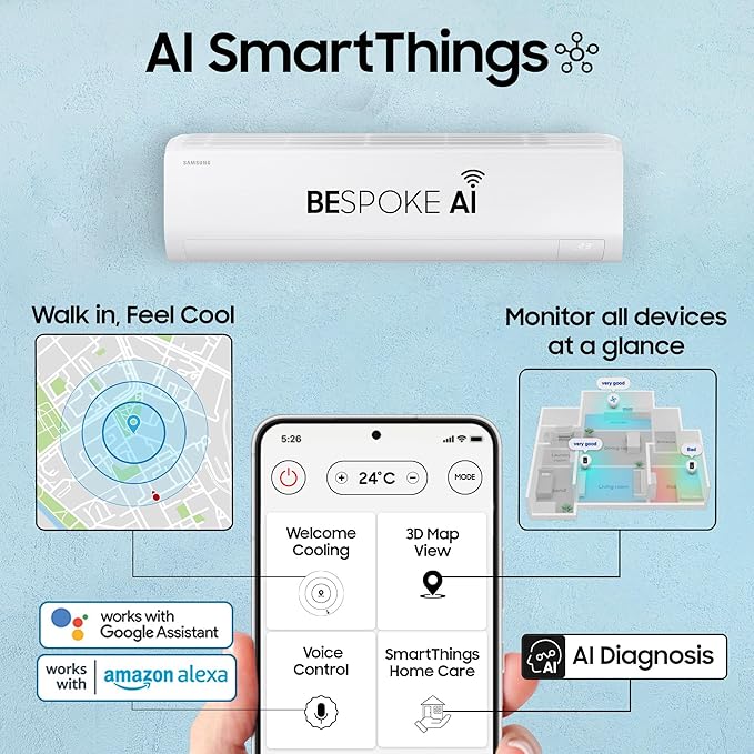 Samsung 1.5 Ton 3 Star Bespoke AI Inverter Smart Split AC (2026 Model, WiFi, Energy Saving, Voice Control, Powerful Cooling, Copper, Digital Inverter, 4 Way swing, 5 Step Convertible, AR50H19D1XHNNA)