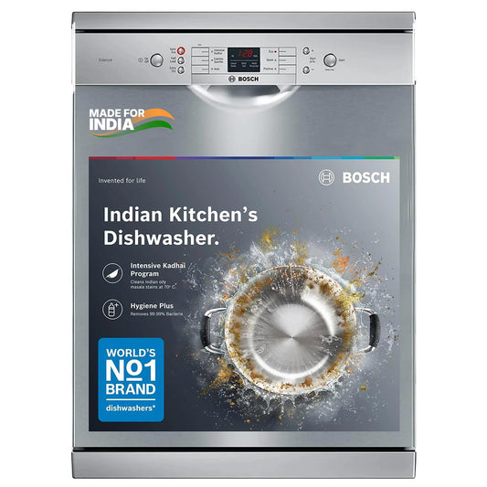 Bosch 13 Place Setting (fits up to 70 utensils) Free-Standing Dishwasher for Indian Utensils | Hygiene+ & Intensive Kadhai Program (SMS66GI01I, Inbuilt Heater, Removes 99.9% Germs, Silver Inox) OPN BOX