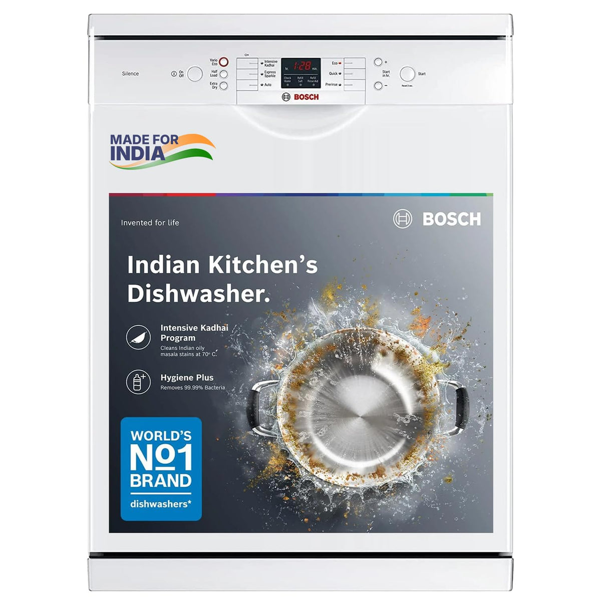 Bosch 13 Place Setting (fits up to 70 utensils) Free-Standing Dishwasher for Indian Utensils | Hygiene+ & Intensive Kadhai Program (SMS66GW01I, White, Inbuilt Heater, Removes 99.9% Germs) OPEN BOX