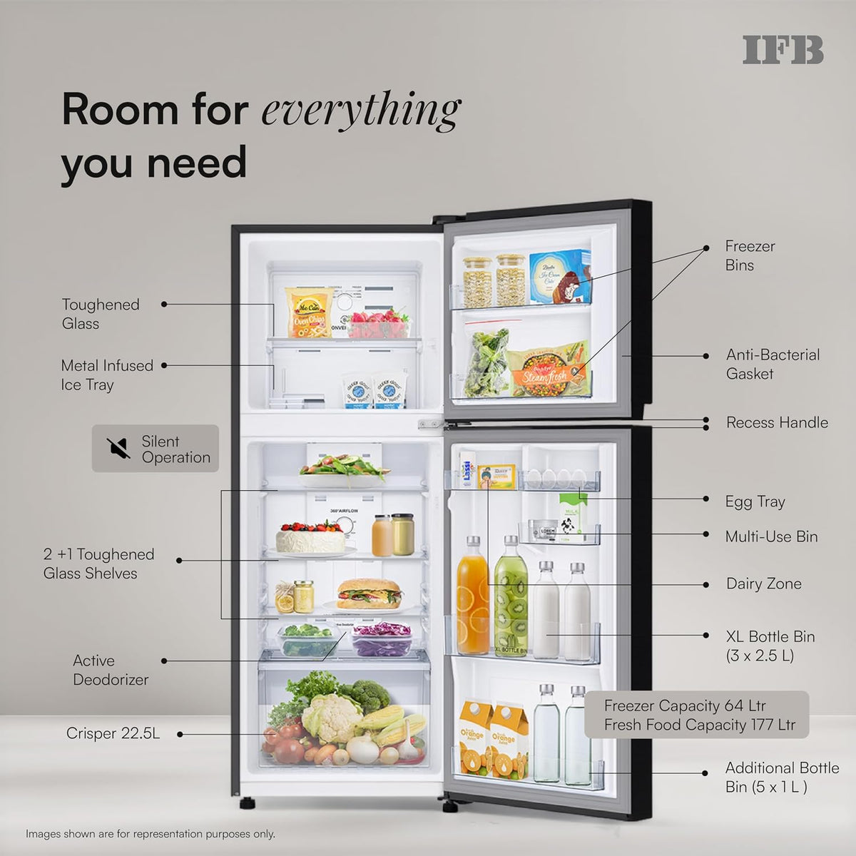 IFB 241L 1 Star 10-in-1 Convertible, Advanced Inverter Frost-Free Double Door Refrigerator with 30 Hrs Cooling Retention, Turbo Freeze & 4 Year Super Warranty (2026, IFBFF-2912 )