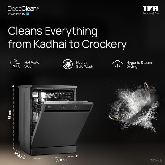 IFB 14 Place Settings(fits up to 80 utensils) with DeepClean® Technology Freestanding Dishwasher (Neptune VX14, Inox Grey, 70° Hot Water Wash with Hygienic Steam Drying, Perfect for Indian Utensils) OPEN BOX