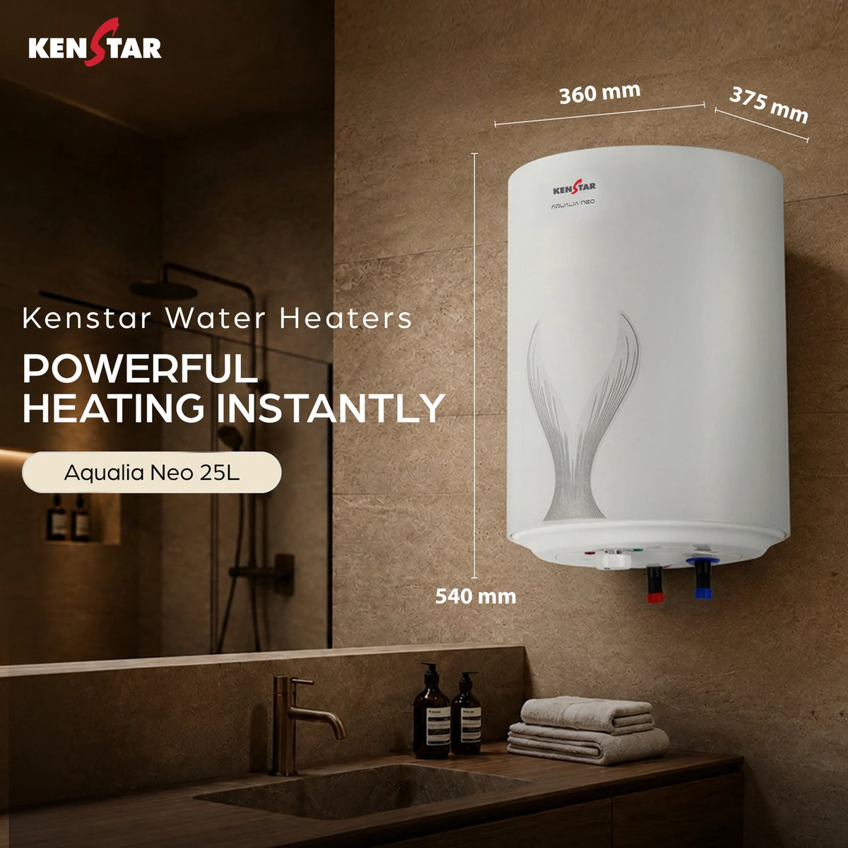 Kenstar 25 L Storage Water Geyser (Aqualia Neo 25L Water Heater, WHITE & GREY) .