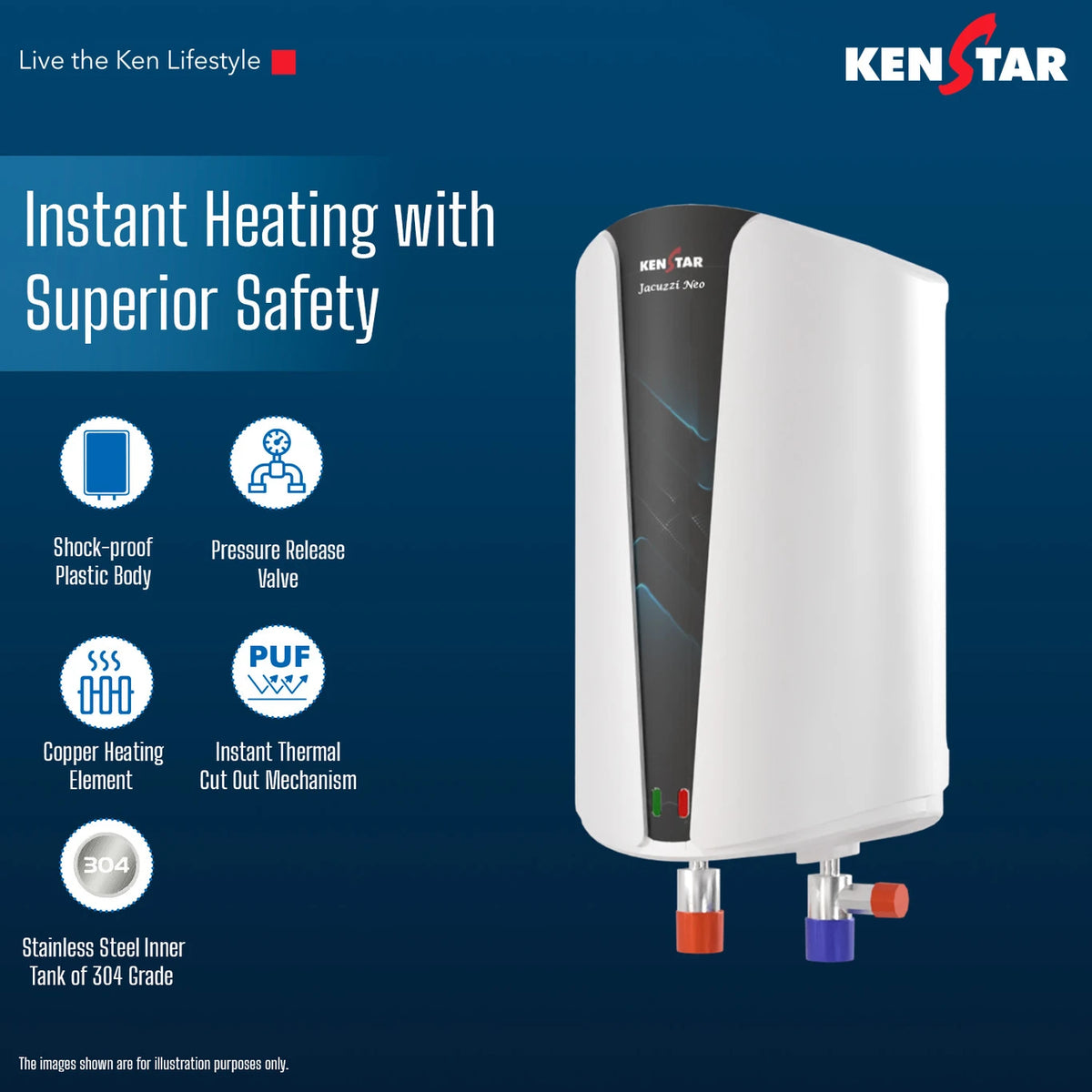Kenstar 3 L Instant Water Geyser (Nexo 3L with High-Grade Stainless-Steel Tank and Thermal Cut Out Protection, White) (White) OPEN BOX