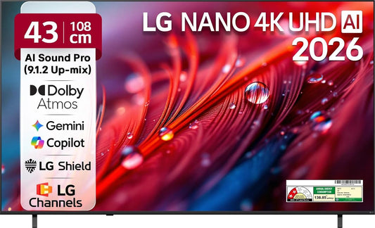 LG 108 cm (43 inches) Nano 4K UHD AI Smart TV 43NU875BPLA | α7 AI Processor 4K Gen9 | webOS 26 | HDR10 Pro | Dolby Atmos | 60Hz | VRR | ALLM | Google Cast | Apple AirPlay