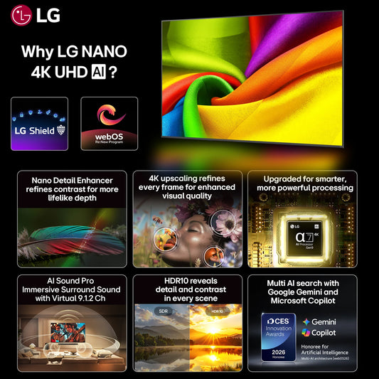 L.G AI 65NU875BPLA 164 cm (65 inch) Ultra HD (4K) LED Smart WebOS TV 2026 Edition with Linear Flow Design, 60Hz VRR, upgrade, Secured by LG Shield, LG Channels (65NU875BPLA)
