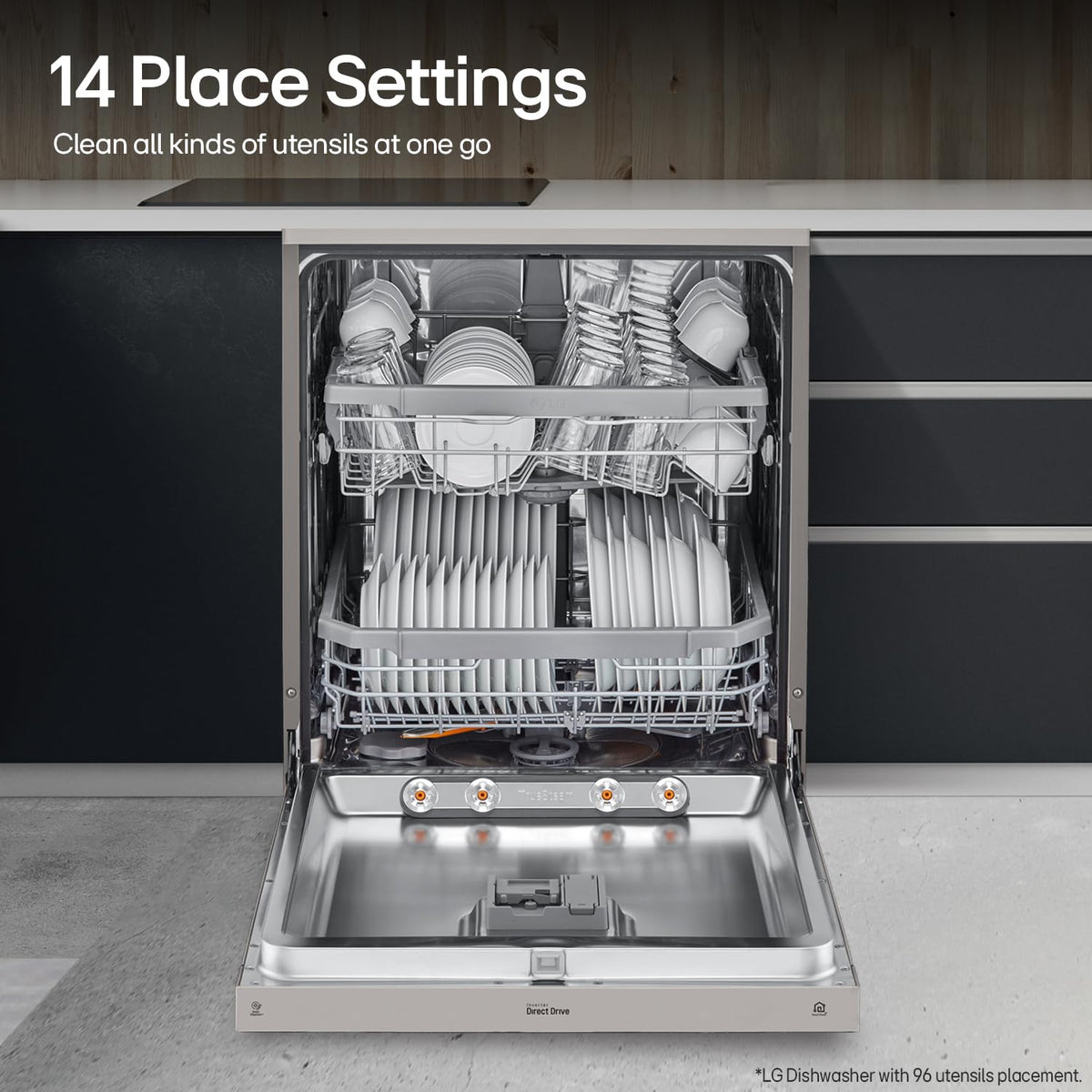 LG 14 Place Settings Dishwasher, TrueSteam, Inverter Direct Drive, Wi-Fi & Free Standing Dishwasher (DFB424FP, Silver, Silent Operation, Tough Stain Removal, Adjustable racks & Clean from Every Angle) OPEN BOX
