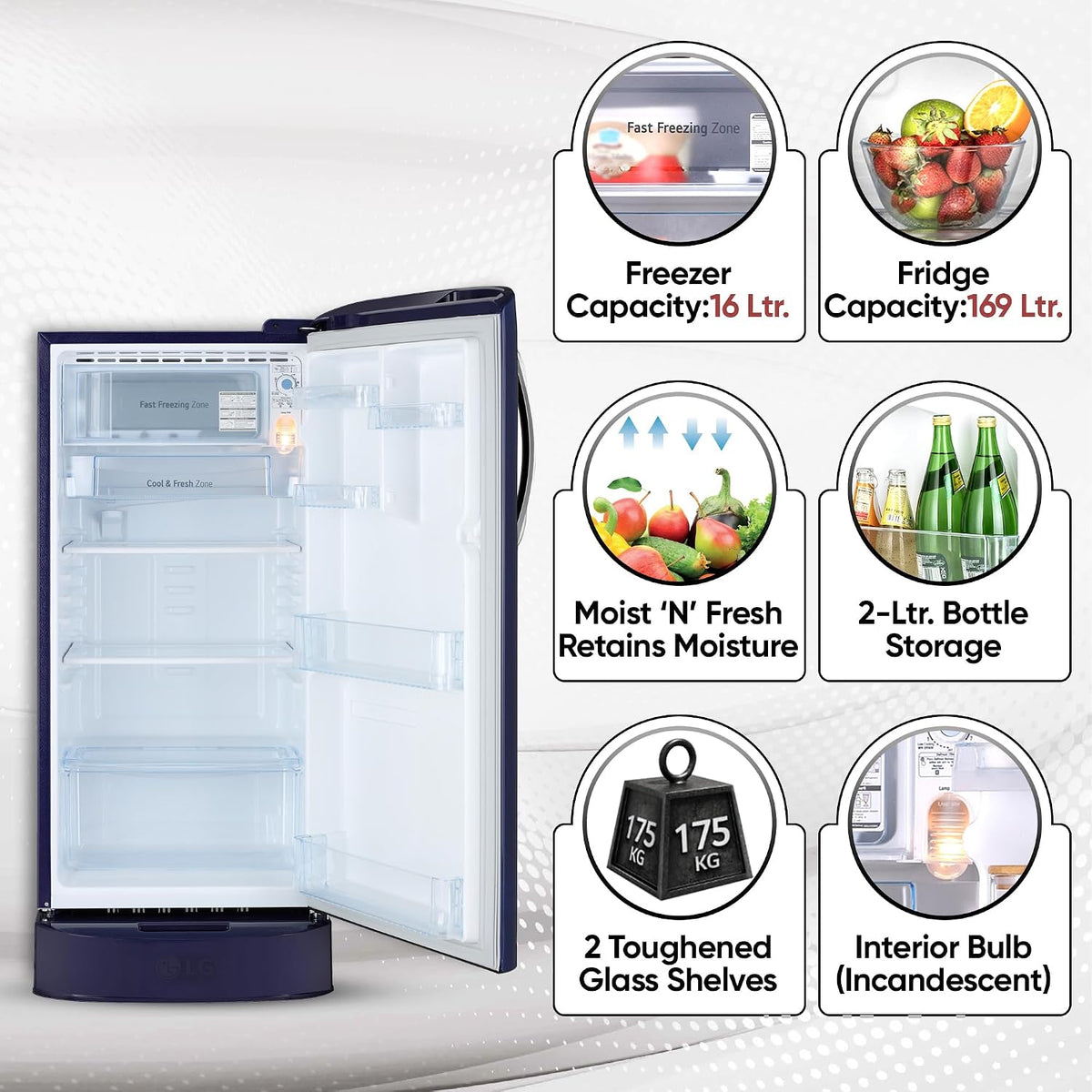 LG 185 L, 5 Star, Smart Inverter Compressor, Direct Cool Single Door Refrigerator (GL-D201ABIU.BBIZEBN, Blue ILAN, Moist N Fresh, Auto Smart Connect & Base Stand Drawer) open box