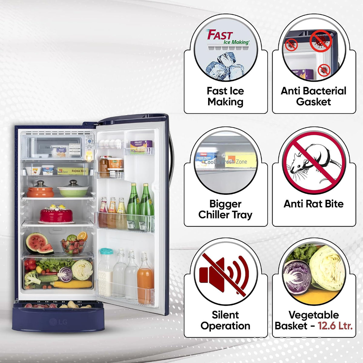 LG 185 L, 5 Star, Smart Inverter Compressor, Direct Cool Single Door Refrigerator (GL-D201ABIU.BBIZEBN, Blue ILAN, Moist N Fresh, Auto Smart Connect & Base Stand Drawer) open box