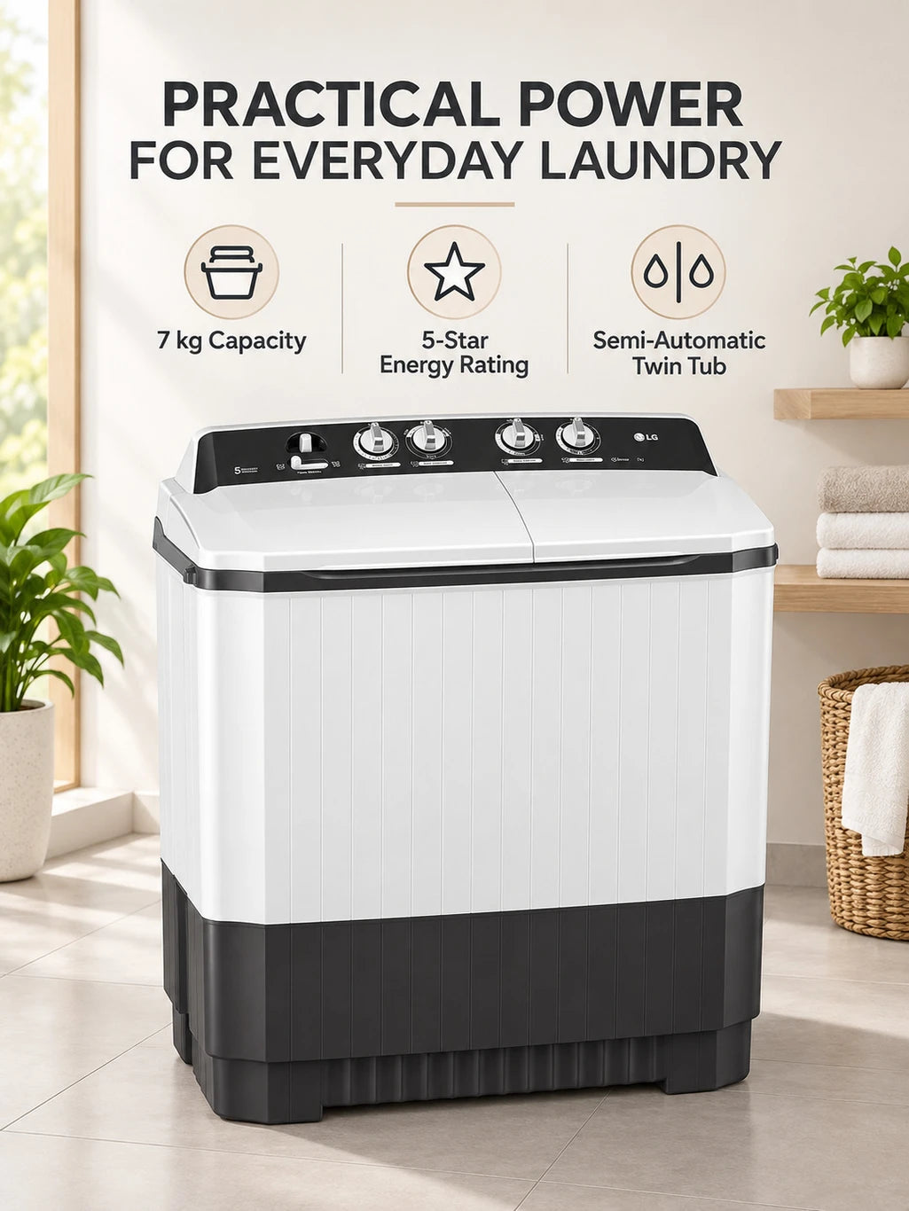 LG 7 kg Semi Automatic Top Load Grey, White (Semi-Automatic Top Load Washing Machine (Dark Gray, Wind Jet Dry))