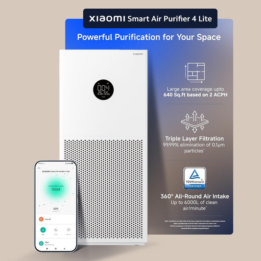 Xiaomi Air Purifier 4 Lite|160 Sq.ft. in 6 mins|3Stage HighEfficiencyFilter| laser sensor|AQI Monitor|360 m3/hr CADR covers 640 sq.ft.|App+Voice control|Realtime