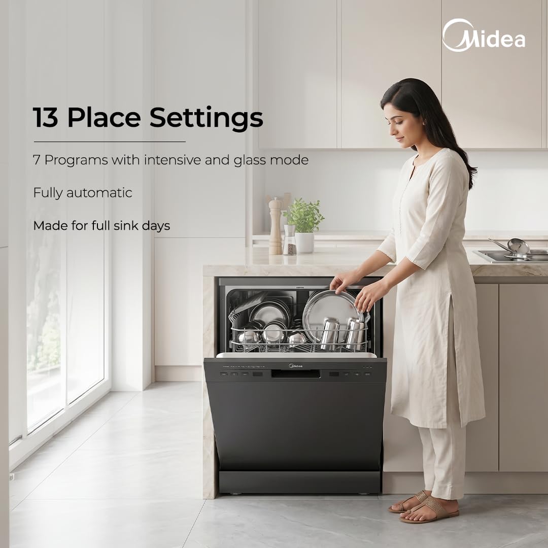 Midea 13 Place Setting Freestanding Dishwasher, 7 Wash Programs, Intensive 70°C, Glass Care Mode (MDWF1801F18 ) IN, ECO & Rapid Wash, Fully Automatic, Suitable for Indian Kitchen) OPEN BOX