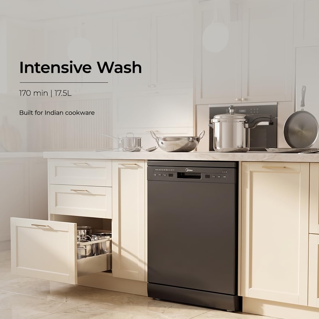 Midea 13 Place Setting Freestanding Dishwasher, 7 Wash Programs, Intensive 70°C, Glass Care Mode (MDWF1801F18 ) IN, ECO & Rapid Wash, Fully Automatic, Suitable for Indian Kitchen) OPEN BOX