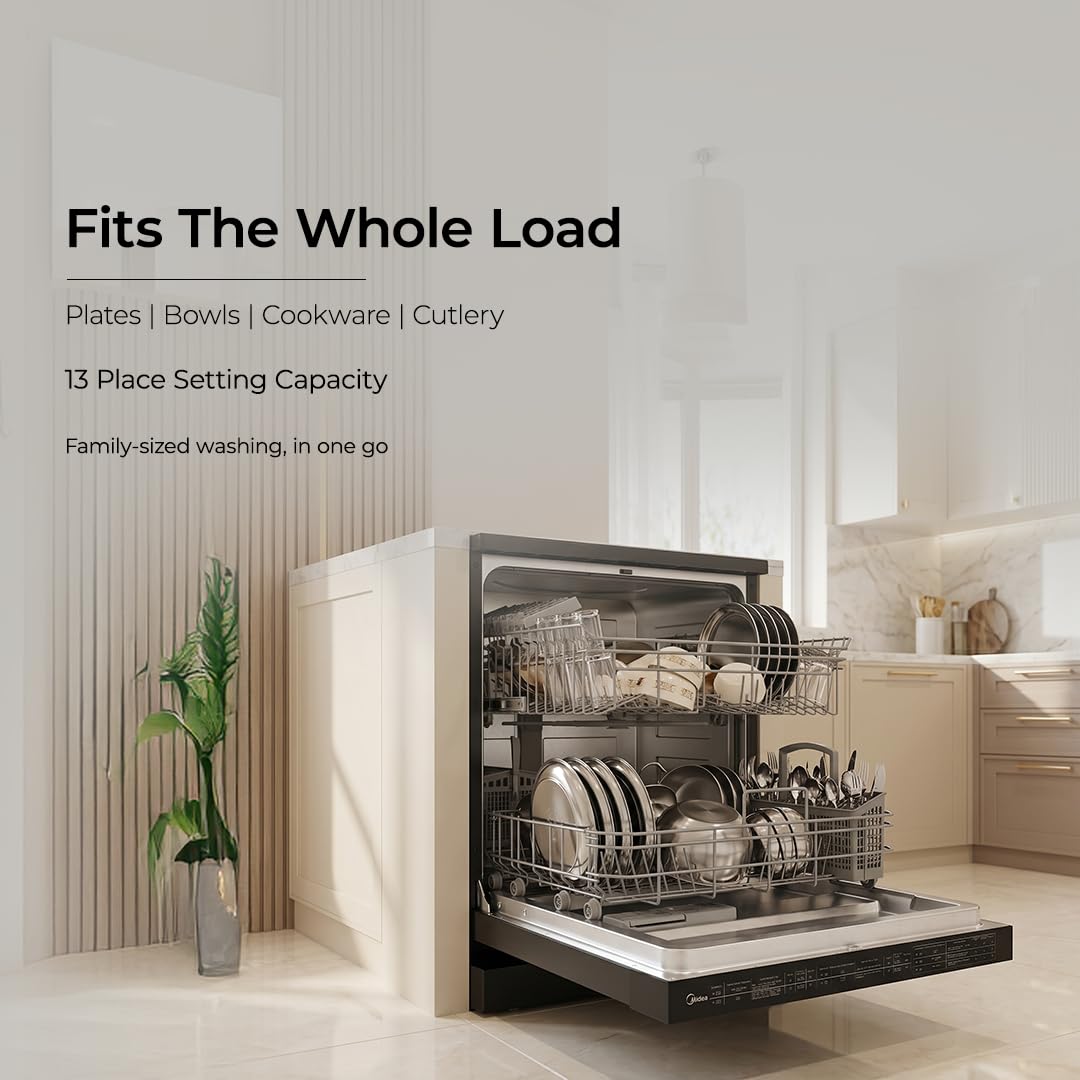 Midea 13 Place Setting Freestanding Dishwasher, 7 Wash Programs, Intensive 70°C, Glass Care Mode (MDWF1801F18 ) IN, ECO & Rapid Wash, Fully Automatic, Suitable for Indian Kitchen) OPEN BOX