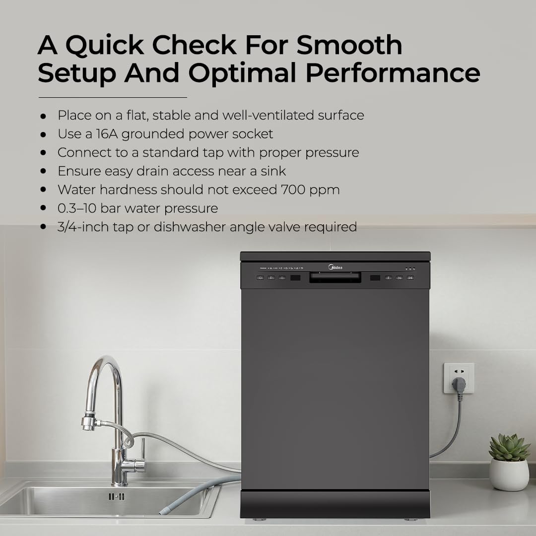 Midea 13 Place Setting Freestanding Dishwasher, 7 Wash Programs, Intensive 70°C, Glass Care Mode (MDWF1801F18 ) IN, ECO & Rapid Wash, Fully Automatic, Suitable for Indian Kitchen) OPEN BOX