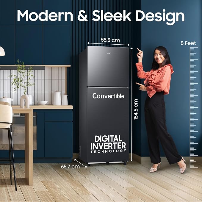 Samsung 236 L, 3 Star, Convertible, Digital Inverter Frost Free Double Door Refrigerator (RT40H28U3FHL, Black