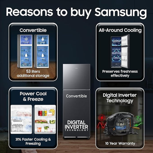 Samsung 236 L, 3 Star, Convertible, Digital Inverter Frost Free Double Door Refrigerator (RT40H28U3FHL, Black