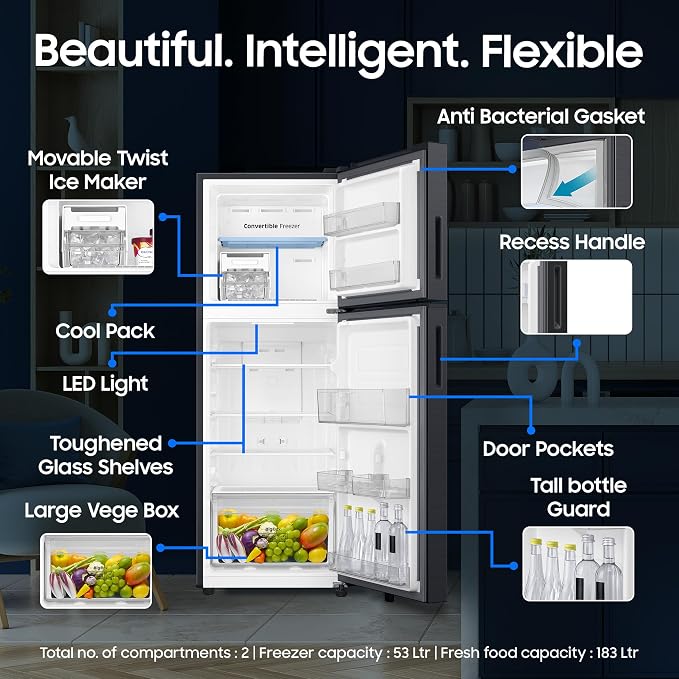 Samsung 236 L, 3 Star, Convertible, Digital Inverter Frost Free Double Door Refrigerator (RT40H28U3FHL, Black