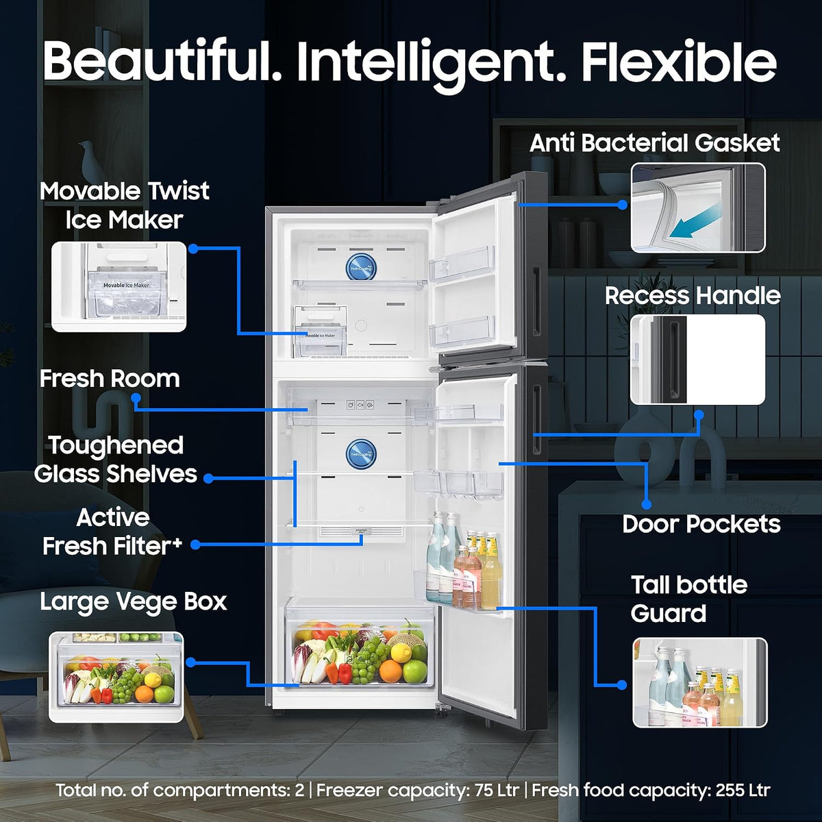 Samsung 330 L, 2 Star, Convertible 5-in-1, Digital Inverter, Frost Free Double Door, WiFi Bespoke AI Refrigerator (RT34HG5A42SLHL, Silver, Ez Clean Steel, 2026 Model) OPEN BOX