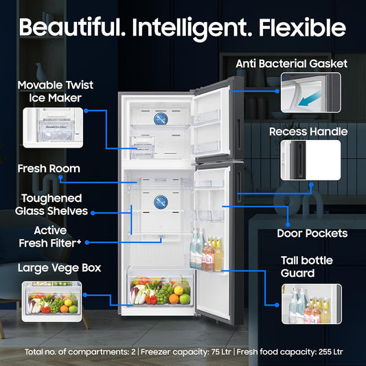 Samsung 330 L, 2 Star, Convertible 5-in-1, Digital Inverter, Frost Free Double Door, WiFi Bespoke AI Refrigerator (RT34HG5A42SLHL, Silver, Ez Clean Steel, 2026 Model) OPEN BOX