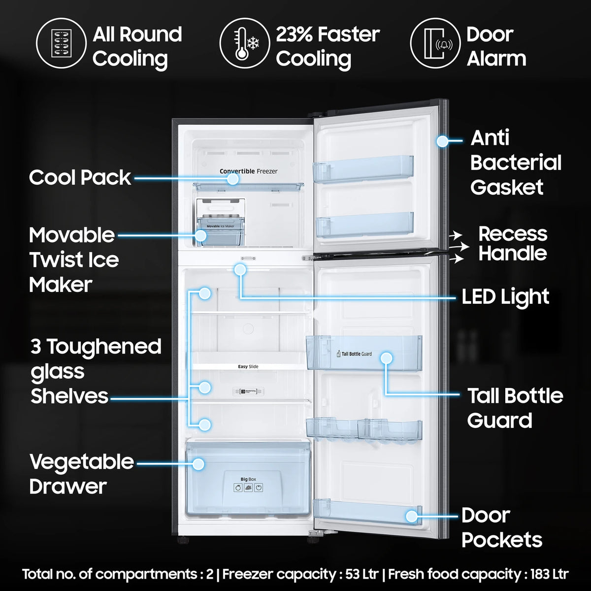 Samsung 236 L Frost Free Double Door 3 Star Convertible Refrigerator  with Digital Inverter and Display ( open box  RT28C3733S8/HL )