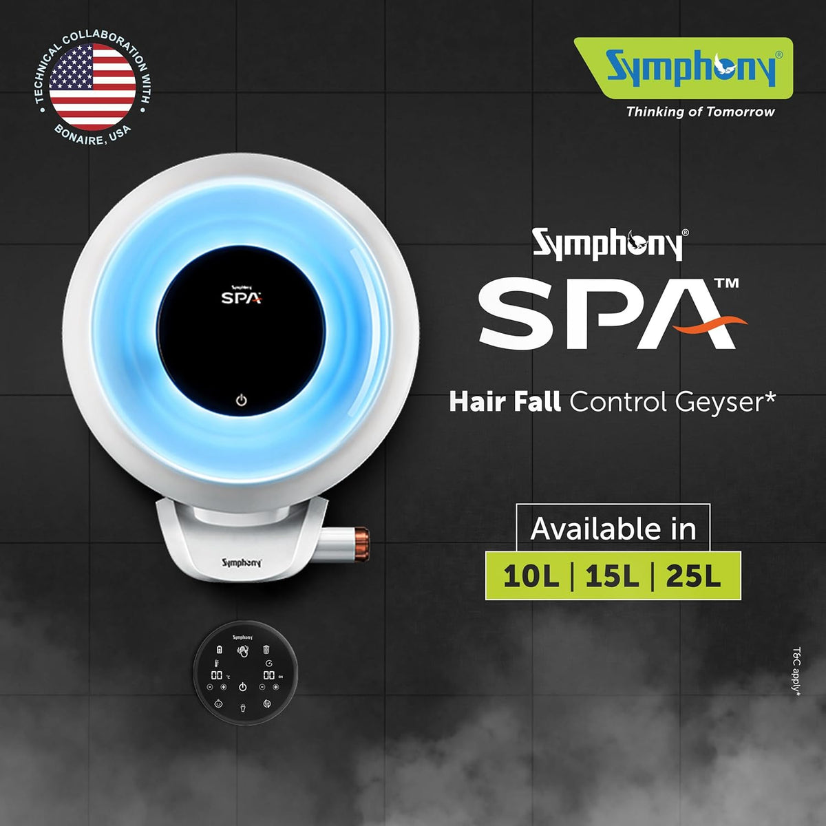 Symphony SPA Geyser 15 Litre 5 Star BEE Rating Water Heater | Hair Fall Control Smart Geyser | PUROPOD Filter | 2KW Heating | Glassline Tank | Free Installation