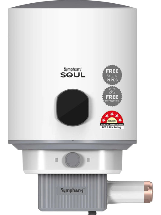 Symphony 15 L Storage Water Geyser Hair Fall Control Geyser | 5 Star BEE Energy Rating | PUROPOD: 9-Layer Advanced Water Filtration (Soul, White) (White)