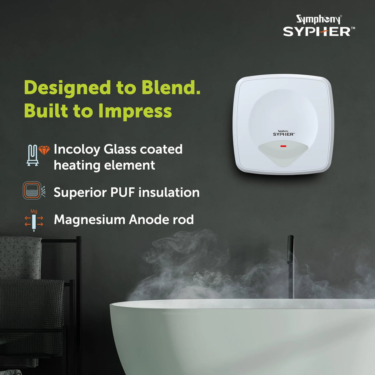 Symphony 25 L Storage Water Geyser 5 Star BEE Energy Rating (Sypher, White) (White)