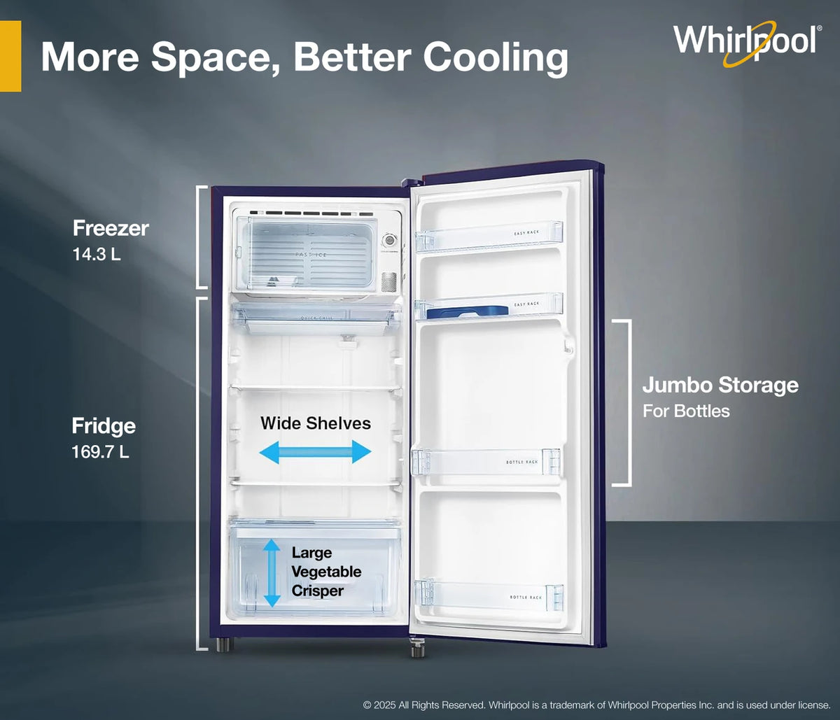 Whirlpool 184 L Direct Cool Single Door 2 Star Refrigerator (Solid Blue / Blue, DAS18433FTWDC/2026