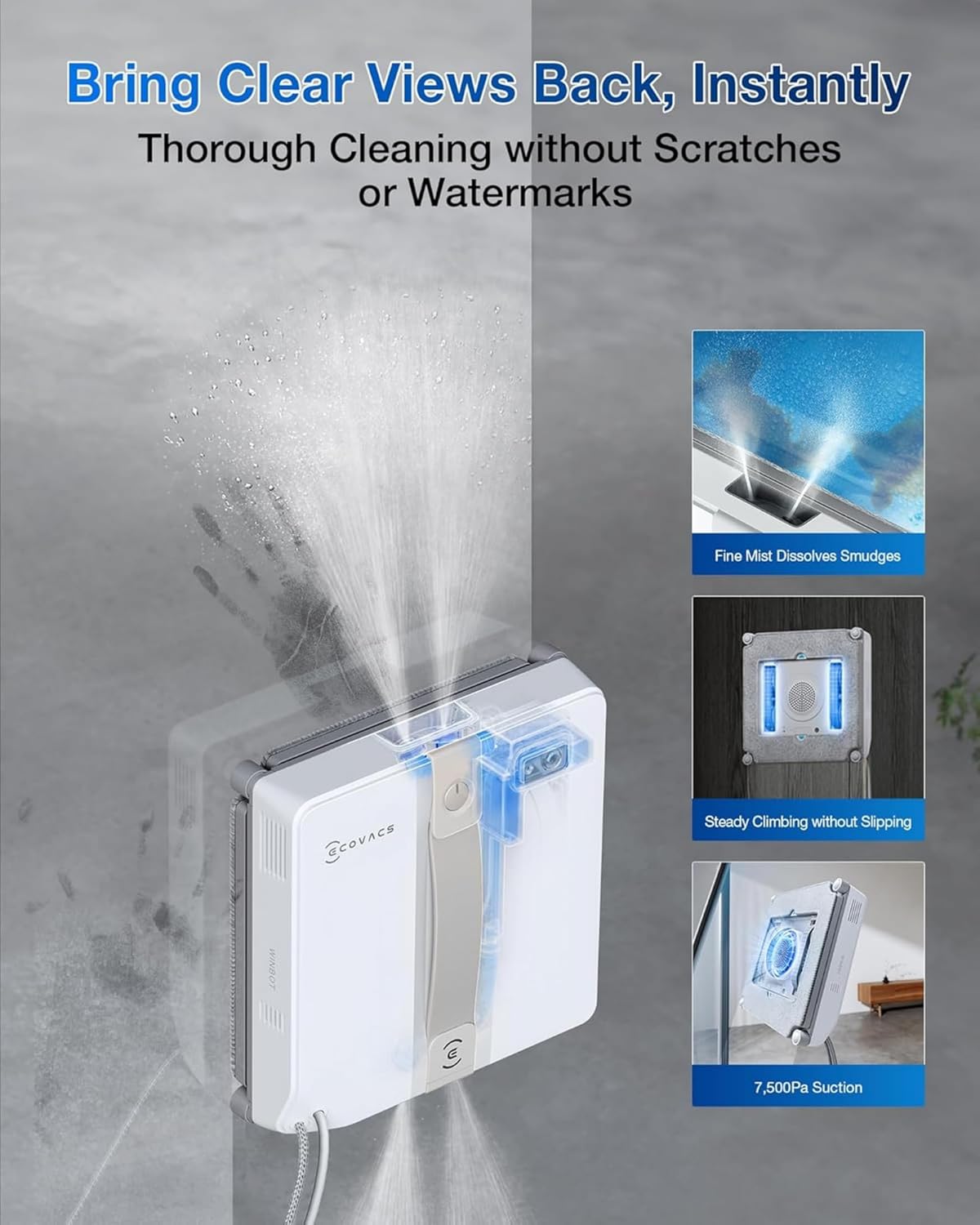 ECOVACS WINBOT Mini Window Cleaning Robot - Compact Design, Dual Nozzles with Ultrasonic Spray, 9-Stage Protection System, Intelligent Path Planning, 3 Cleaning Modes, Anti-Slipping System