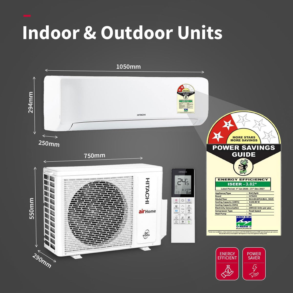Hitachi 1.5 Ton 3 Star, New star rated, Long Air Throw Fixed Split AC (100% Copper, 4-Way Swing, Dust Filter, 3200FL RAS.B318PCAIBA1, White) NON-Inverter