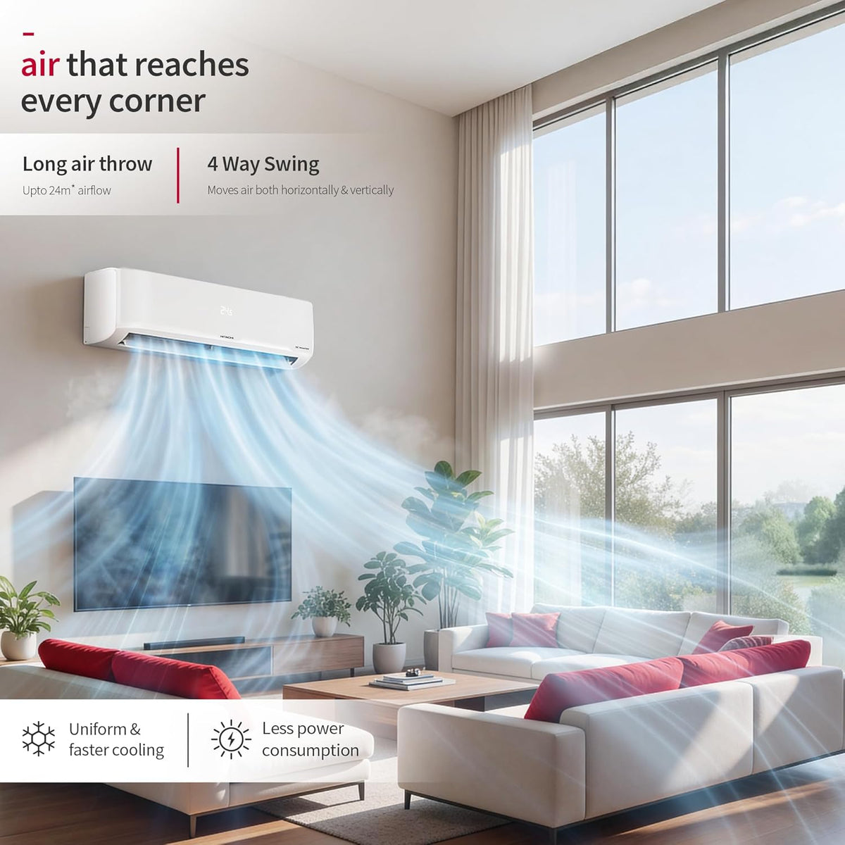 Hitachi Smart Choice 1.5 Ton 3 Star, New Star rated, Inverter Split AC(Copper, Smart View Display, 4 Way Swing,RAS.D318PCD3BS, White)