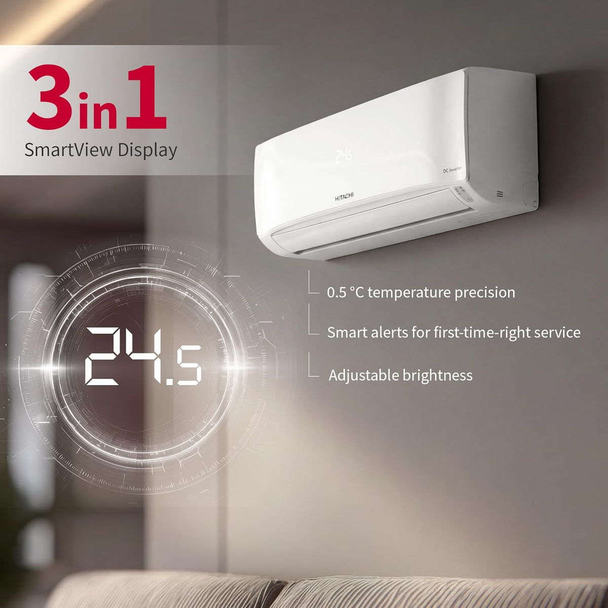 Hitachi Smart Choice 1.5 Ton 3 Star, New Star rated, Inverter Split AC(Copper, Smart View Display, 4 Way Swing,RAS.D318PCD3BS, White)
