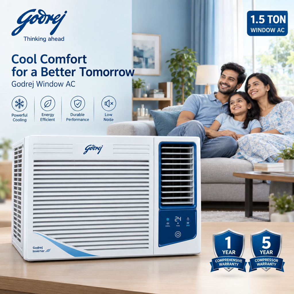 Godrej 1.5 Ton 2 Star White Window AC with Copper Condenser, 18F2TH-NON-Inverter