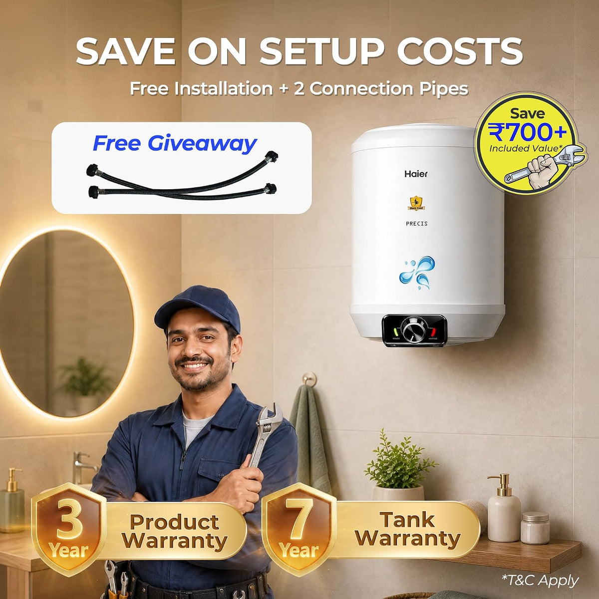 Haier Precis Free Installation Water Geyser 25 Litre 5 Star Rated Water Heater |Abs Body Temperature Control Shock Proof Glasslined Tank|8 Safety Levels|High Rise Compatible|Bacteria Proof System
