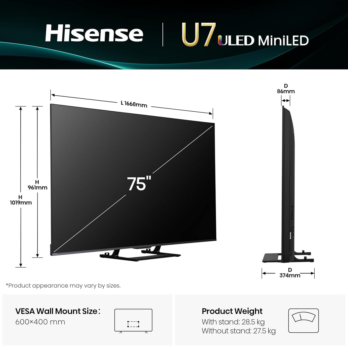 Hisense 189 cm (75 Inches) 4K QLED Mini-LED Smart TV | 900 NITS Peak Brightness | 144Hz Game Mode | Dolby Vision IQ, Atmos | 2.1 CH 40W  | VIDAA OS | 75U7SE (Black)